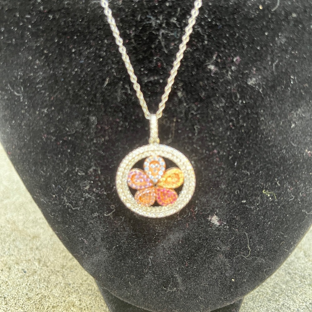 Silver necklace simulated pink , yellow,white stones. 18 inches